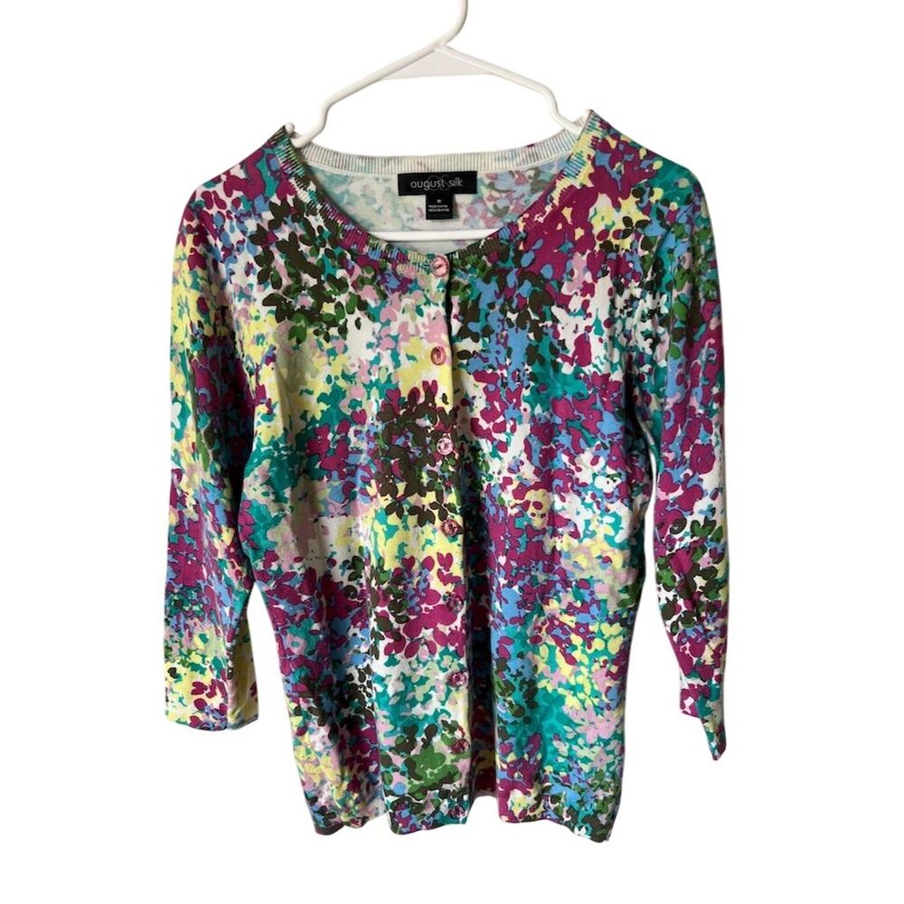 August Silk Women's M Floral Cardigan Sweater Multicolor Long Sleeve